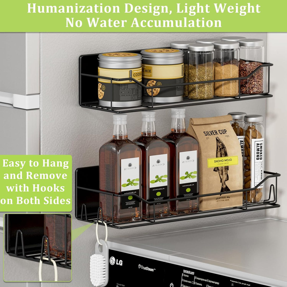 Magnetic Spice Rack for Refrigerator, Magnetic Fridge Shelf, Moveable Spice Organizer with Hook Rack, Paper Towel Holder, Utensil Holder,cup lid holder, Super Magnetic Rack Set (Black)