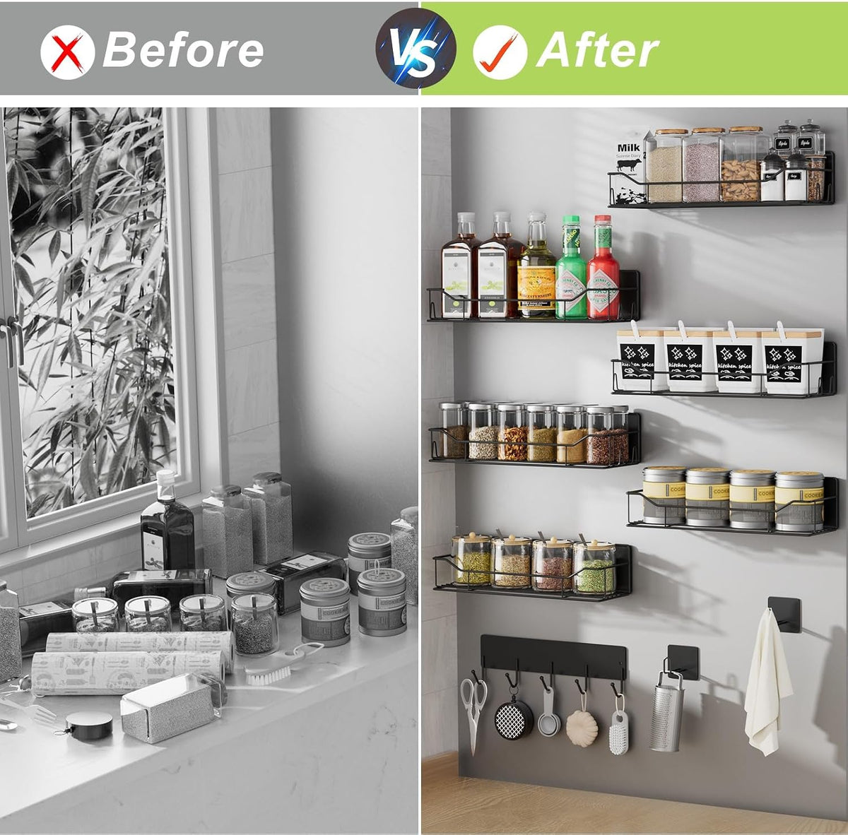 Magnetic Spice Rack for Refrigerator, Magnetic Fridge Shelf, Moveable Spice Organizer with Hook Rack, Paper Towel Holder, Utensil Holder,cup lid holder, Super Magnetic Rack Set (Black)