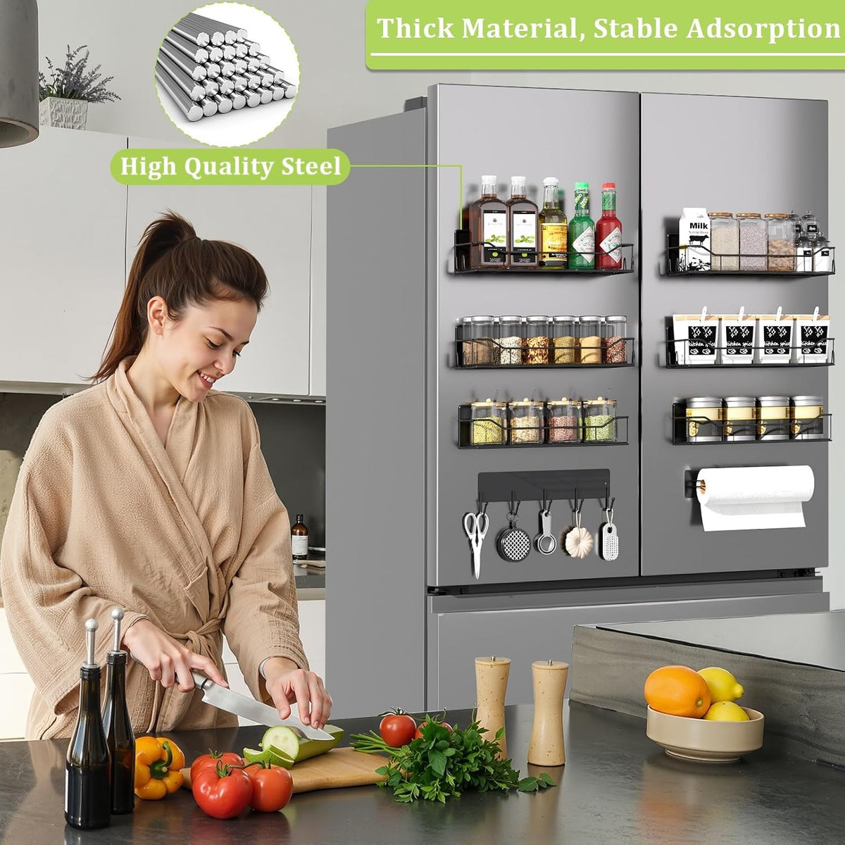 Magnetic Spice Rack for Refrigerator, Magnetic Fridge Shelf, Moveable Spice Organizer with Hook Rack, Paper Towel Holder, Utensil Holder,cup lid holder, Super Magnetic Rack Set (Black)