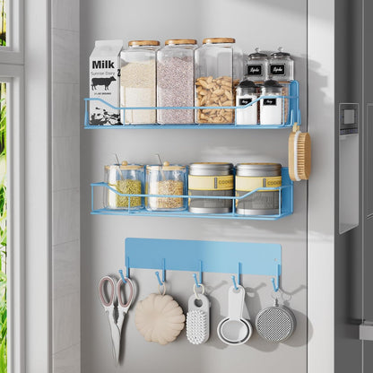 Magnetic Spice Rack for Refrigerator, Magnetic Fridge Shelf, Moveable Spice Organizer with Hook Rack, Paper Towel Holder, Utensil Holder,cup lid holder, Super Magnetic Rack Set (Black)