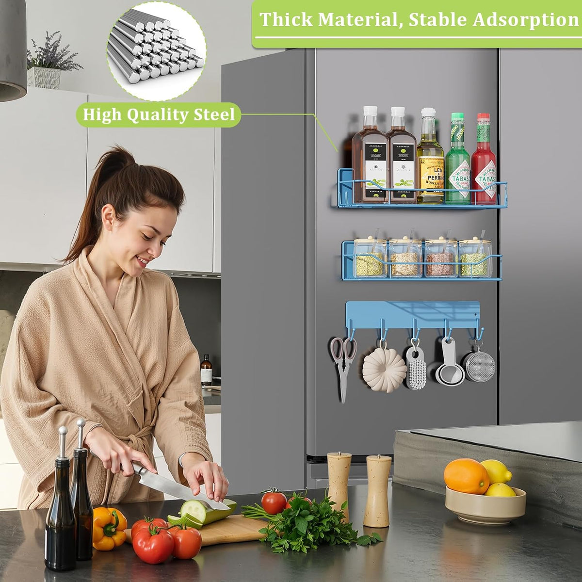 Magnetic Spice Rack for Refrigerator, Magnetic Fridge Shelf, Moveable Spice Organizer with Hook Rack, Paper Towel Holder, Utensil Holder,cup lid holder, Super Magnetic Rack Set (Black)