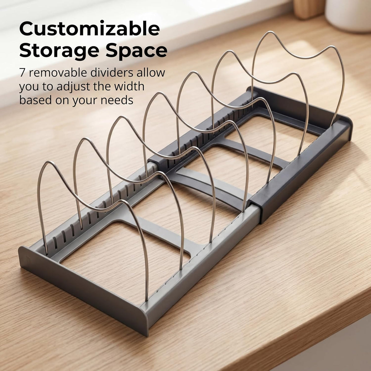 Expandable Pot Lid Organizer Rack for Under Cabinet, Adjustable 12"-22" Kitchen Storage with 7 Steel Dividers, Scratch-Resistant ABS Base for Pans, Cutting Boards, Bakeware, Grey