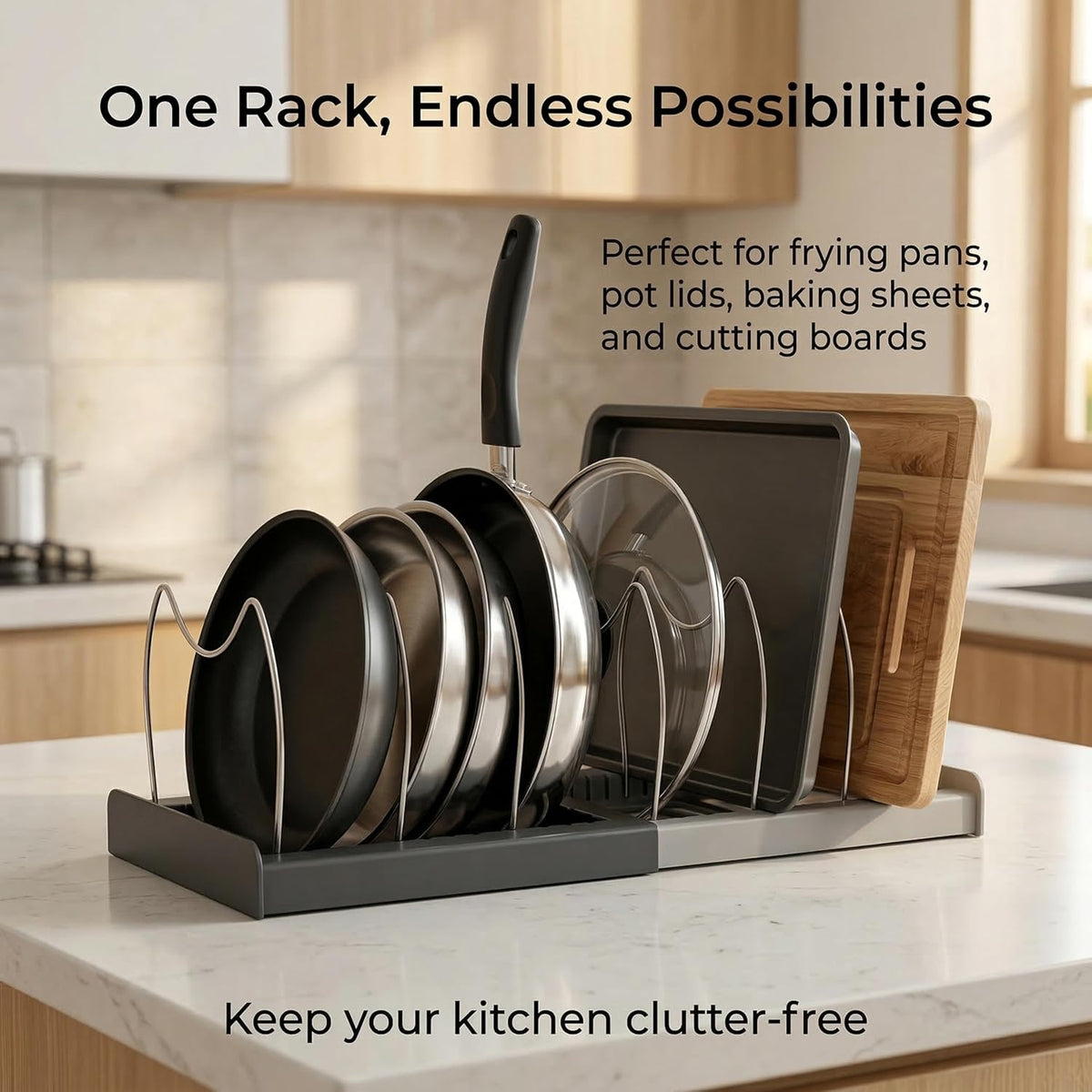 Expandable Pot Lid Organizer Rack for Under Cabinet, Adjustable 12"-22" Kitchen Storage with 7 Steel Dividers, Scratch-Resistant ABS Base for Pans, Cutting Boards, Bakeware, Grey