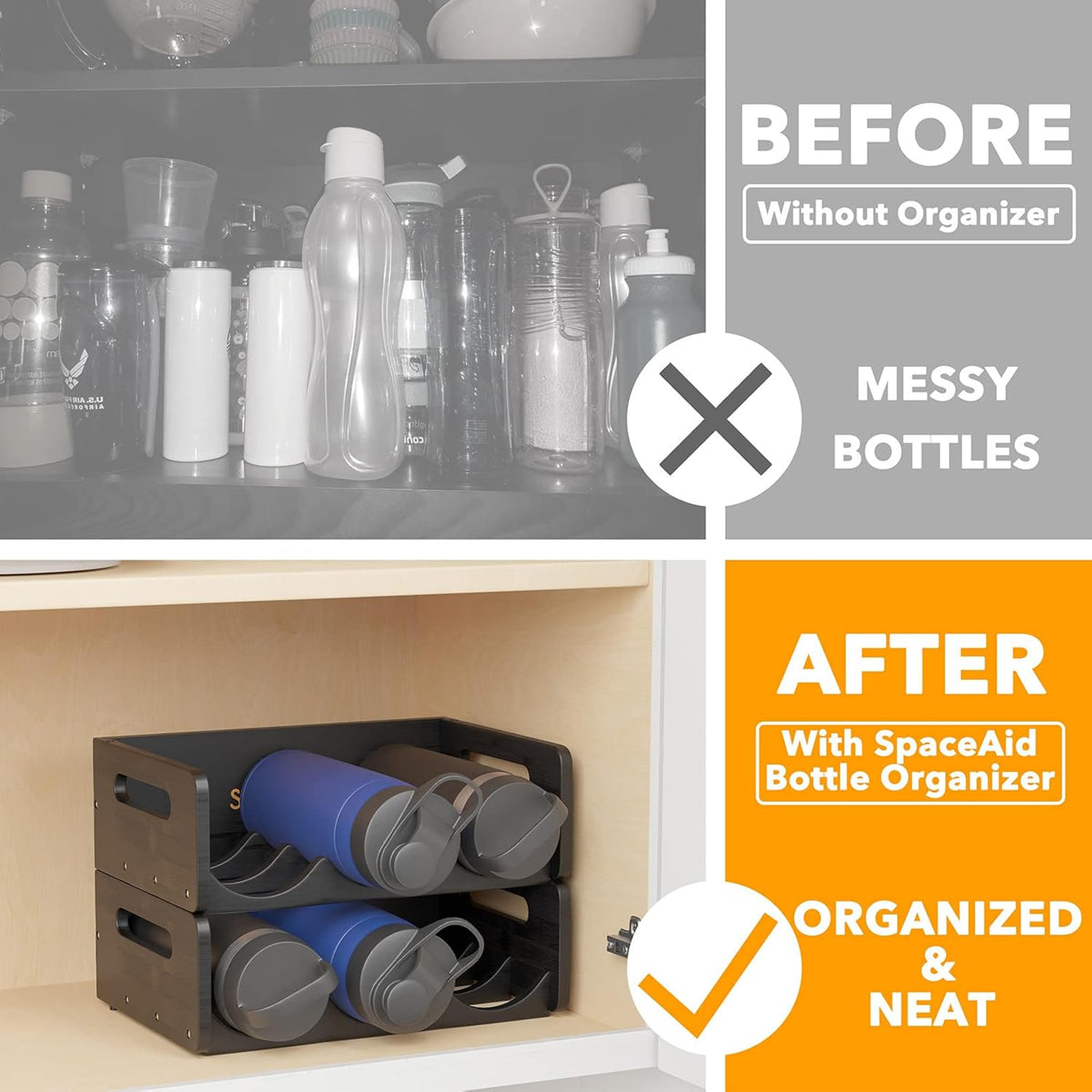 Bamboo Water Bottle Organizer with Labels for Kitchen and Pantry, Storage Rack for Cabinets, Home Cup and Wine Bottle Holder Shelf Organizers, 2 Pack 3-Slot, Hold 6 Bottles