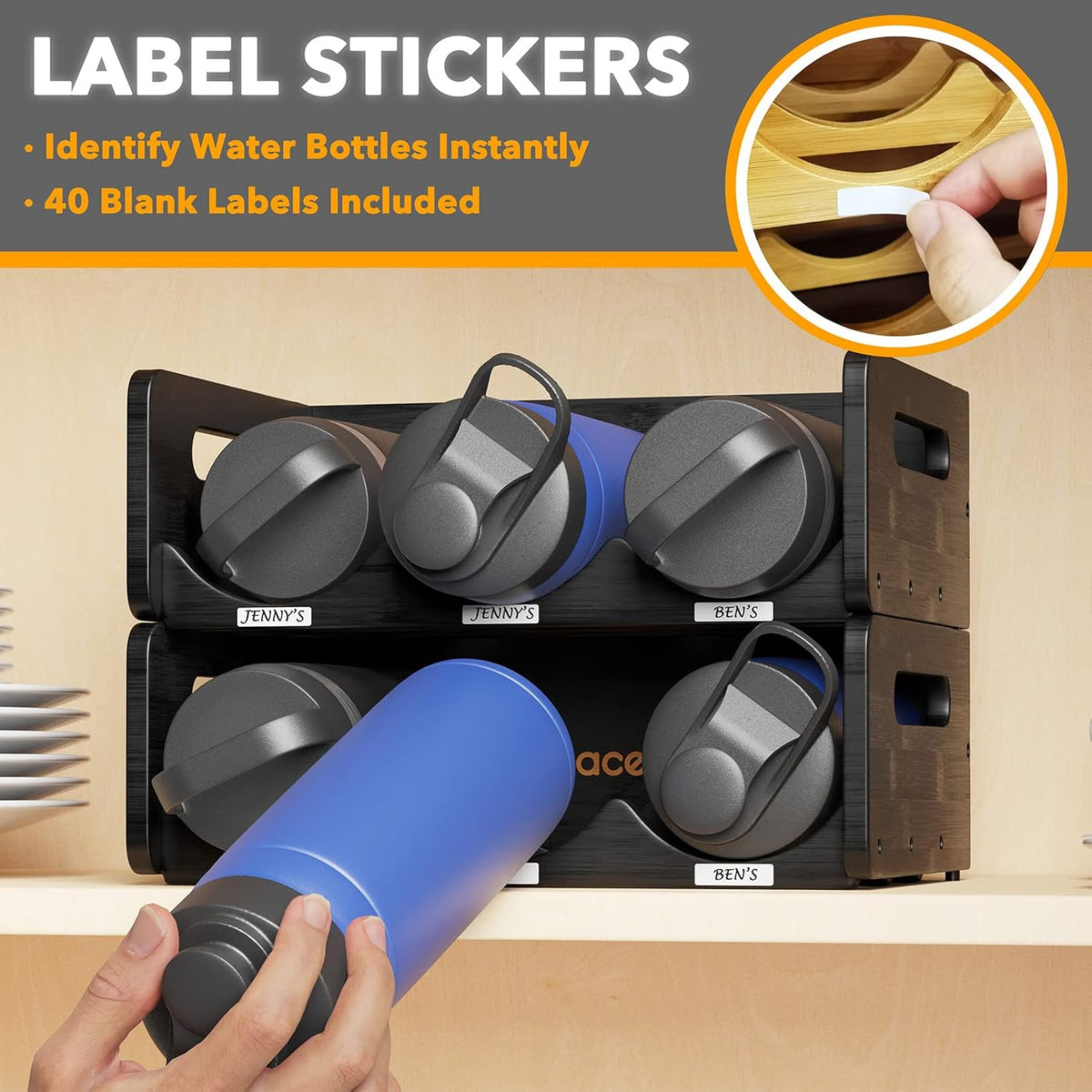 Bamboo Water Bottle Organizer with Labels for Kitchen and Pantry, Storage Rack for Cabinets, Home Cup and Wine Bottle Holder Shelf Organizers, 2 Pack 3-Slot, Hold 6 Bottles