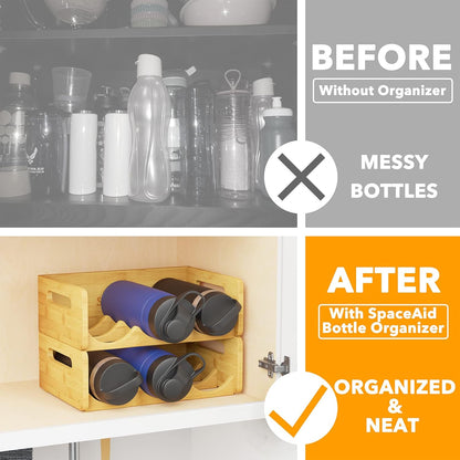 Bamboo Water Bottle Organizer with Labels for Kitchen and Pantry, Storage Rack for Cabinets, Home Cup and Wine Bottle Holder Shelf Organizers, 2 Pack 3-Slot, Hold 6 Bottles