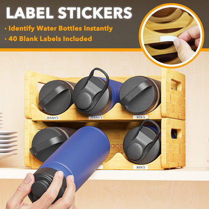 Bamboo Water Bottle Organizer with Labels for Kitchen and Pantry, Storage Rack for Cabinets, Home Cup and Wine Bottle Holder Shelf Organizers, 2 Pack 3-Slot, Hold 6 Bottles