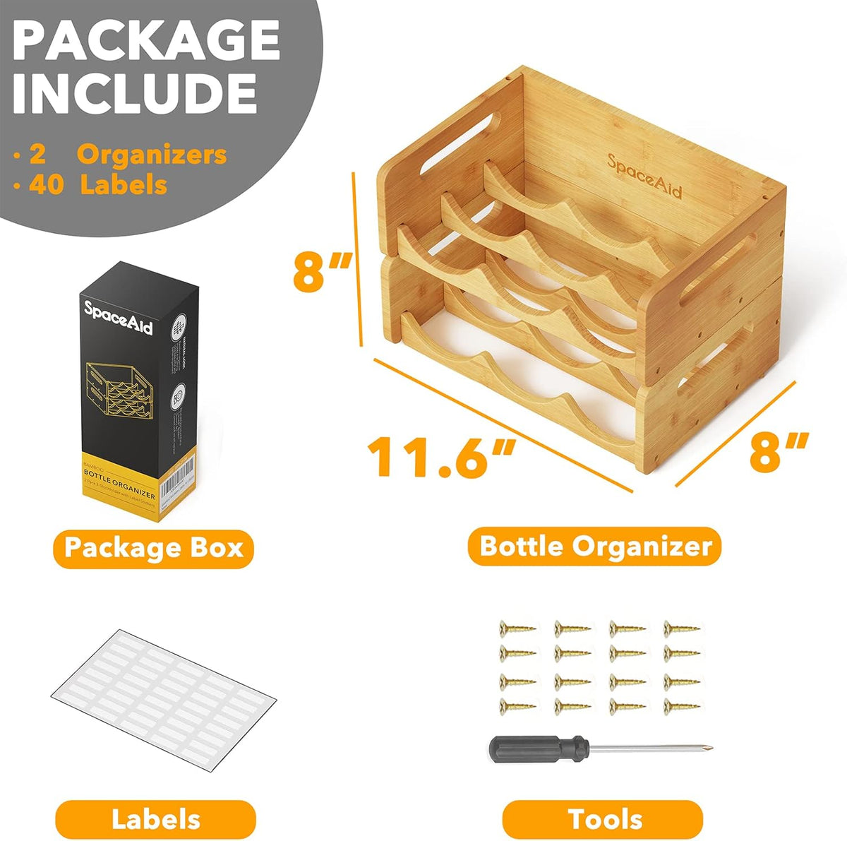 Bamboo Water Bottle Organizer with Labels for Kitchen and Pantry, Storage Rack for Cabinets, Home Cup and Wine Bottle Holder Shelf Organizers, 2 Pack 3-Slot, Hold 6 Bottles