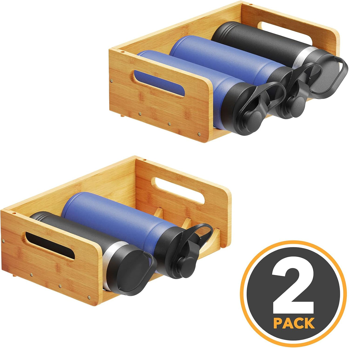 Bamboo Water Bottle Organizer with Labels for Kitchen and Pantry, Storage Rack for Cabinets, Home Cup and Wine Bottle Holder Shelf Organizers, 2 Pack 3-Slot, Hold 6 Bottles