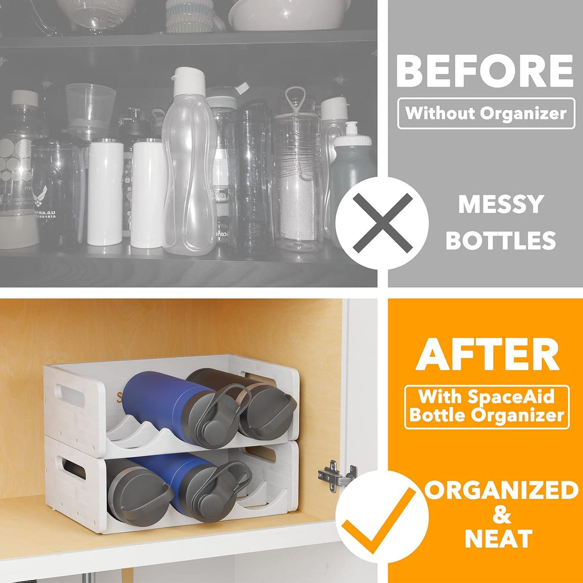 Bamboo Water Bottle Organizer with Labels for Kitchen and Pantry, Storage Rack for Cabinets, Home Cup and Wine Bottle Holder Shelf Organizers, 2 Pack 3-Slot, Hold 6 Bottles