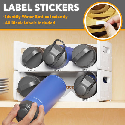 Bamboo Water Bottle Organizer with Labels for Kitchen and Pantry, Storage Rack for Cabinets, Home Cup and Wine Bottle Holder Shelf Organizers, 2 Pack 3-Slot, Hold 6 Bottles