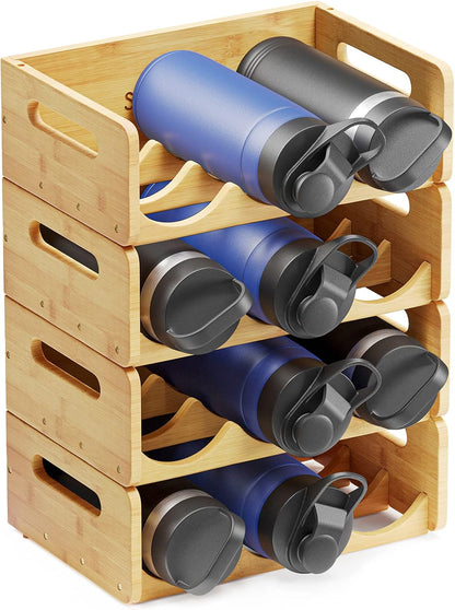 Bamboo Water Bottle Organizer with Labels for Kitchen and Pantry, Storage Rack for Cabinets, Home Cup and Wine Bottle Holder Shelf Organizers, 2 Pack 3-Slot, Hold 6 Bottles