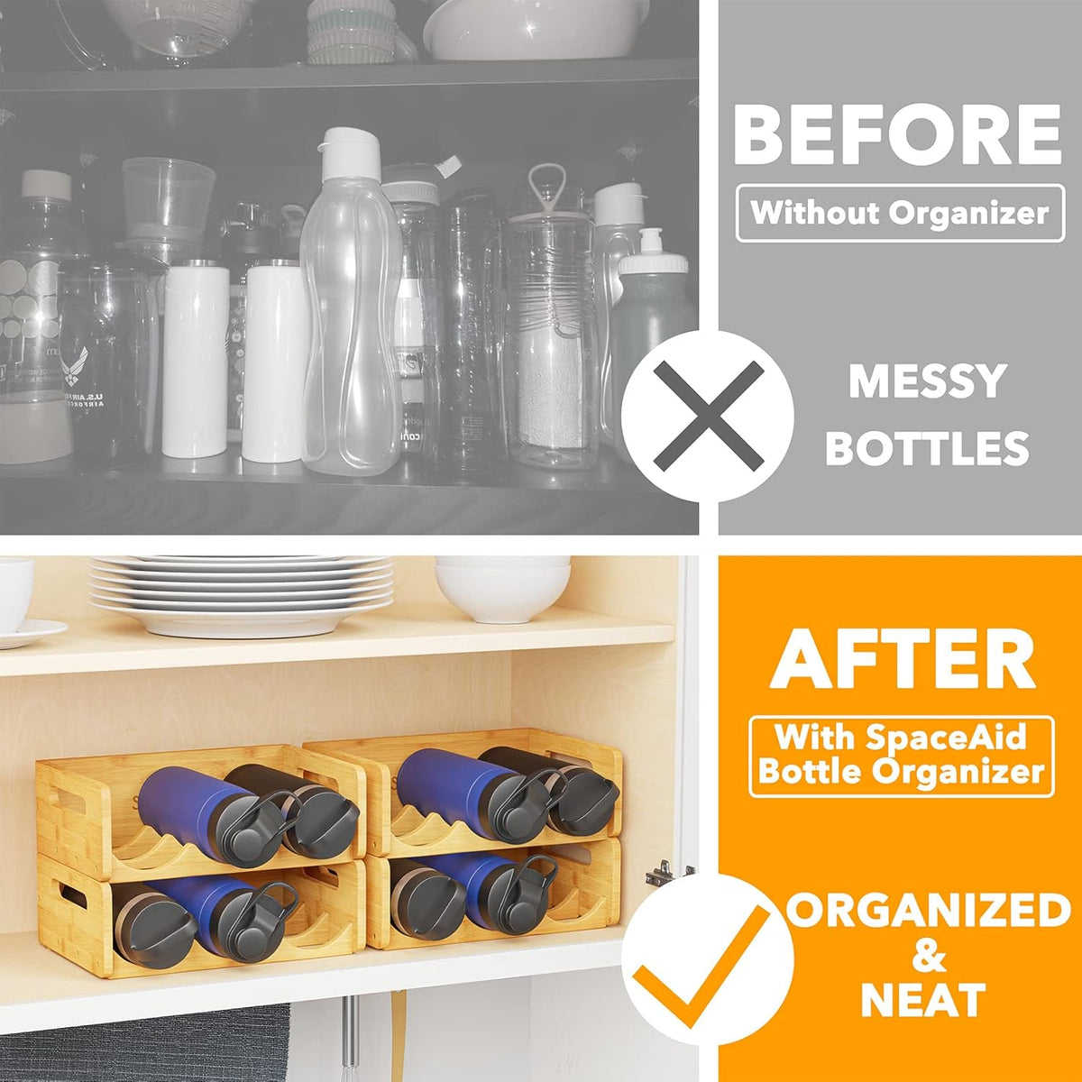 Bamboo Water Bottle Organizer with Labels for Kitchen and Pantry, Storage Rack for Cabinets, Home Cup and Wine Bottle Holder Shelf Organizers, 2 Pack 3-Slot, Hold 6 Bottles