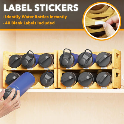 Bamboo Water Bottle Organizer with Labels for Kitchen and Pantry, Storage Rack for Cabinets, Home Cup and Wine Bottle Holder Shelf Organizers, 2 Pack 3-Slot, Hold 6 Bottles