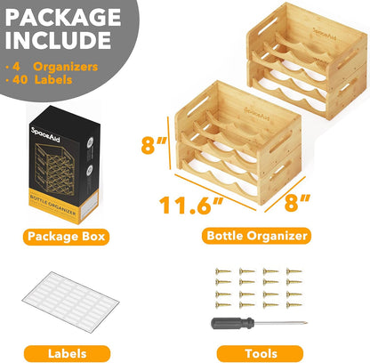 Bamboo Water Bottle Organizer with Labels for Kitchen and Pantry, Storage Rack for Cabinets, Home Cup and Wine Bottle Holder Shelf Organizers, 2 Pack 3-Slot, Hold 6 Bottles