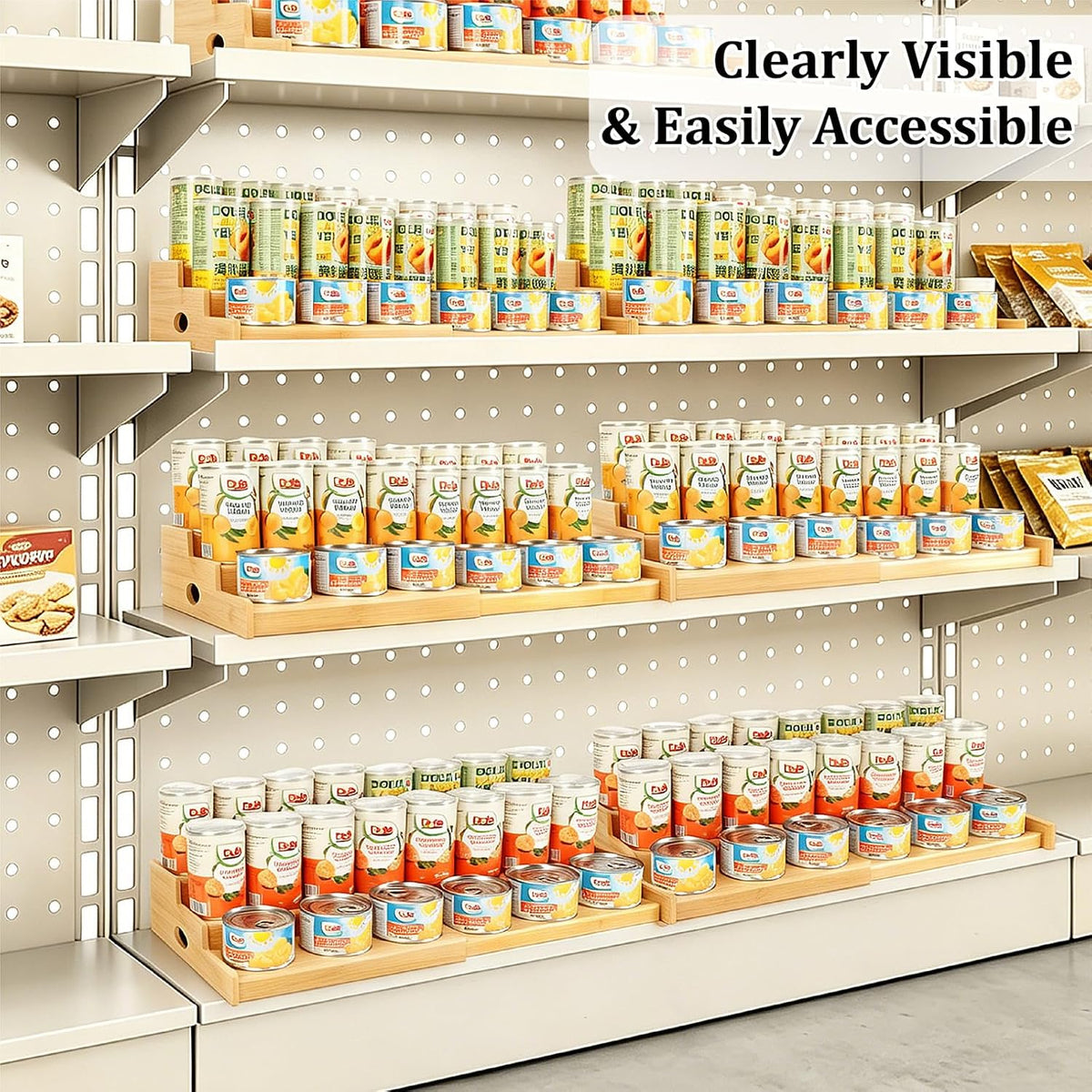 Expandable Can Rack Organizer for Pantry, 3 Tier Bamboo Adjustable Can Storage Holder, Soda Organizer Holds Up to 24 Cans, Canned goods Storage Display Shelf for Kitchen,Countertop, Cabinet