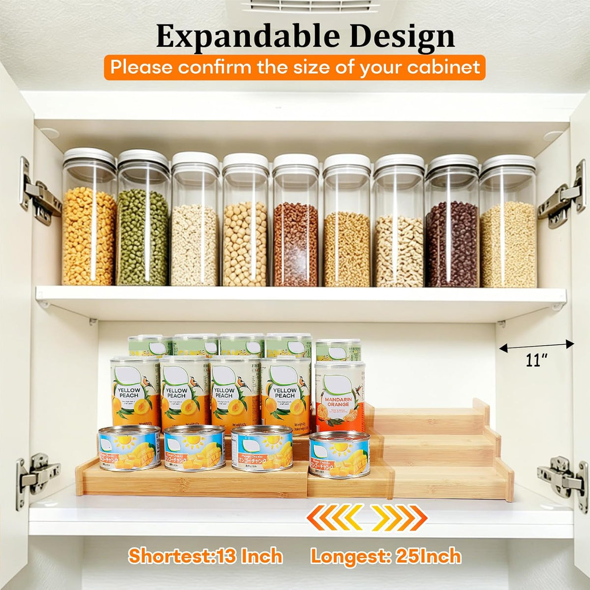 Expandable Can Rack Organizer for Pantry, 3 Tier Bamboo Adjustable Can Storage Holder, Soda Organizer Holds Up to 24 Cans, Canned goods Storage Display Shelf for Kitchen,Countertop, Cabinet