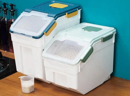 Large Flour Storage Container 25 lb, Airtight Food Storage Bins with Wheels & Locking Lid, BPA Free Rice Grain Organizer with Measuring Cup, Flour Bin for Kitchen Pantry (Blue)