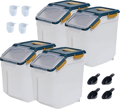 Large Flour Storage Container 25 lb, Airtight Food Storage Bins with Wheels & Locking Lid, BPA Free Rice Grain Organizer with Measuring Cup, Flour Bin for Kitchen Pantry (Blue)