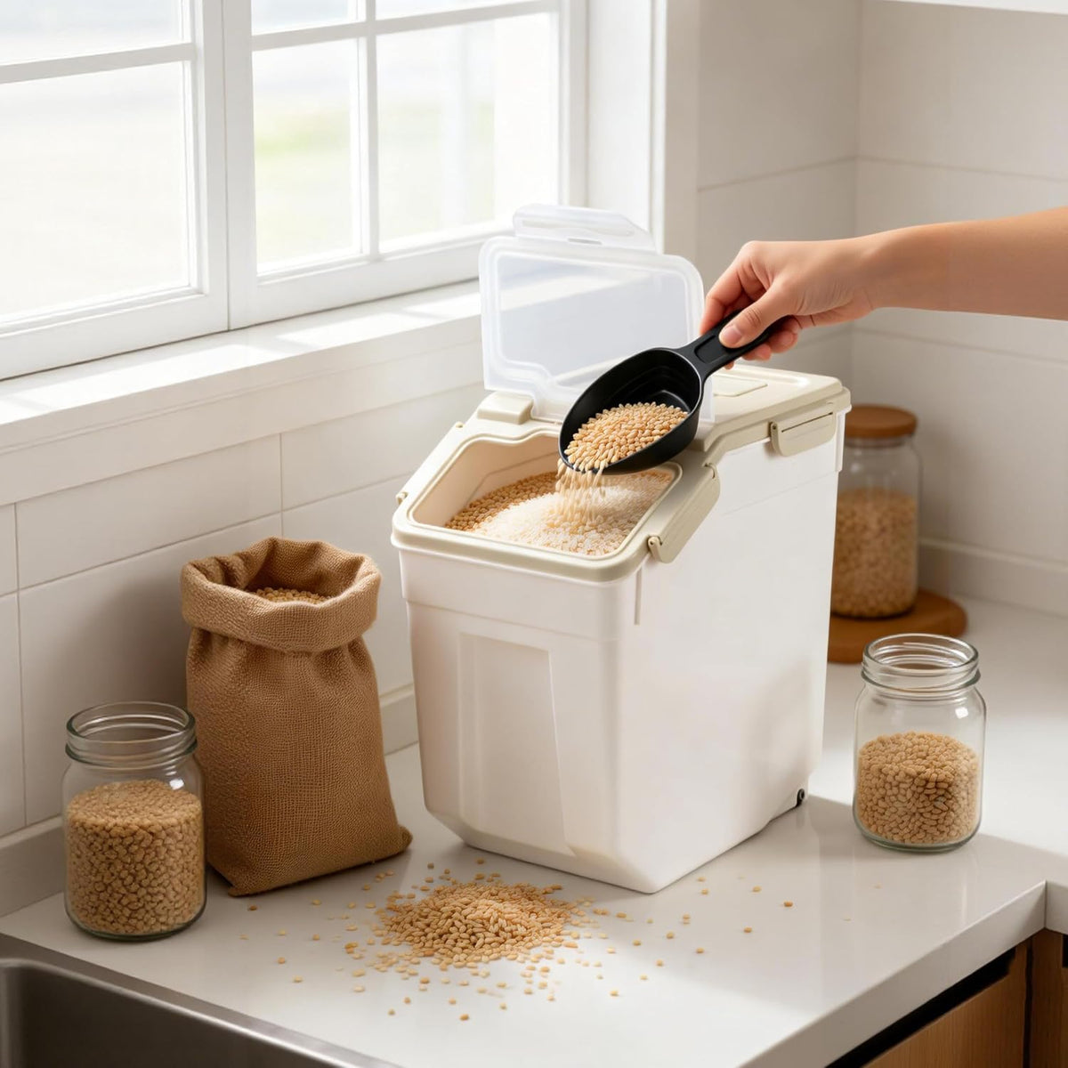Large Flour Storage Container 25 lb, Airtight Food Storage Bins with Wheels & Locking Lid, BPA Free Rice Grain Organizer with Measuring Cup, Flour Bin for Kitchen Pantry (Blue)