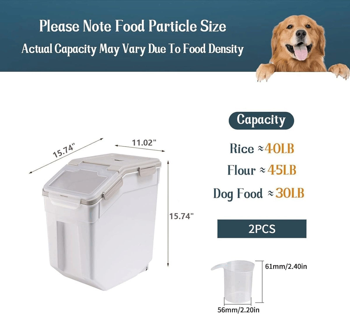Large Flour Storage Container 25 lb, Airtight Food Storage Bins with Wheels & Locking Lid, BPA Free Rice Grain Organizer with Measuring Cup, Flour Bin for Kitchen Pantry (Blue)