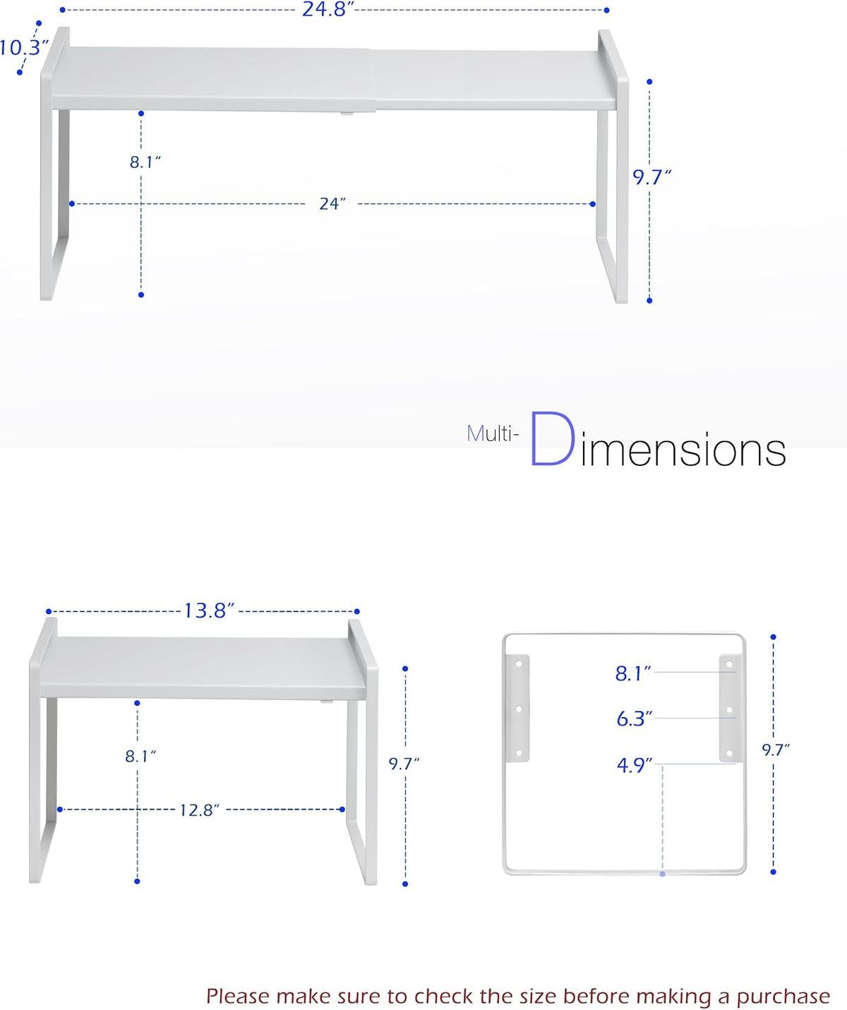 Cabinet Shelf Riser, Adjustable Cabinet Organizer, 10.3" Deep White