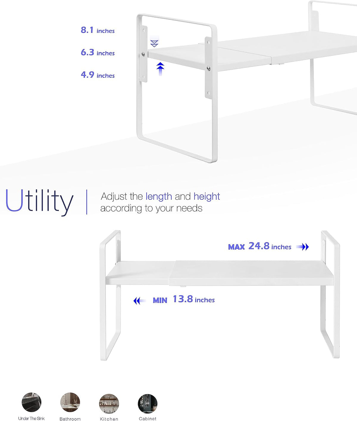 Cabinet Shelf Riser, Adjustable Cabinet Organizer, 10.3" Deep White
