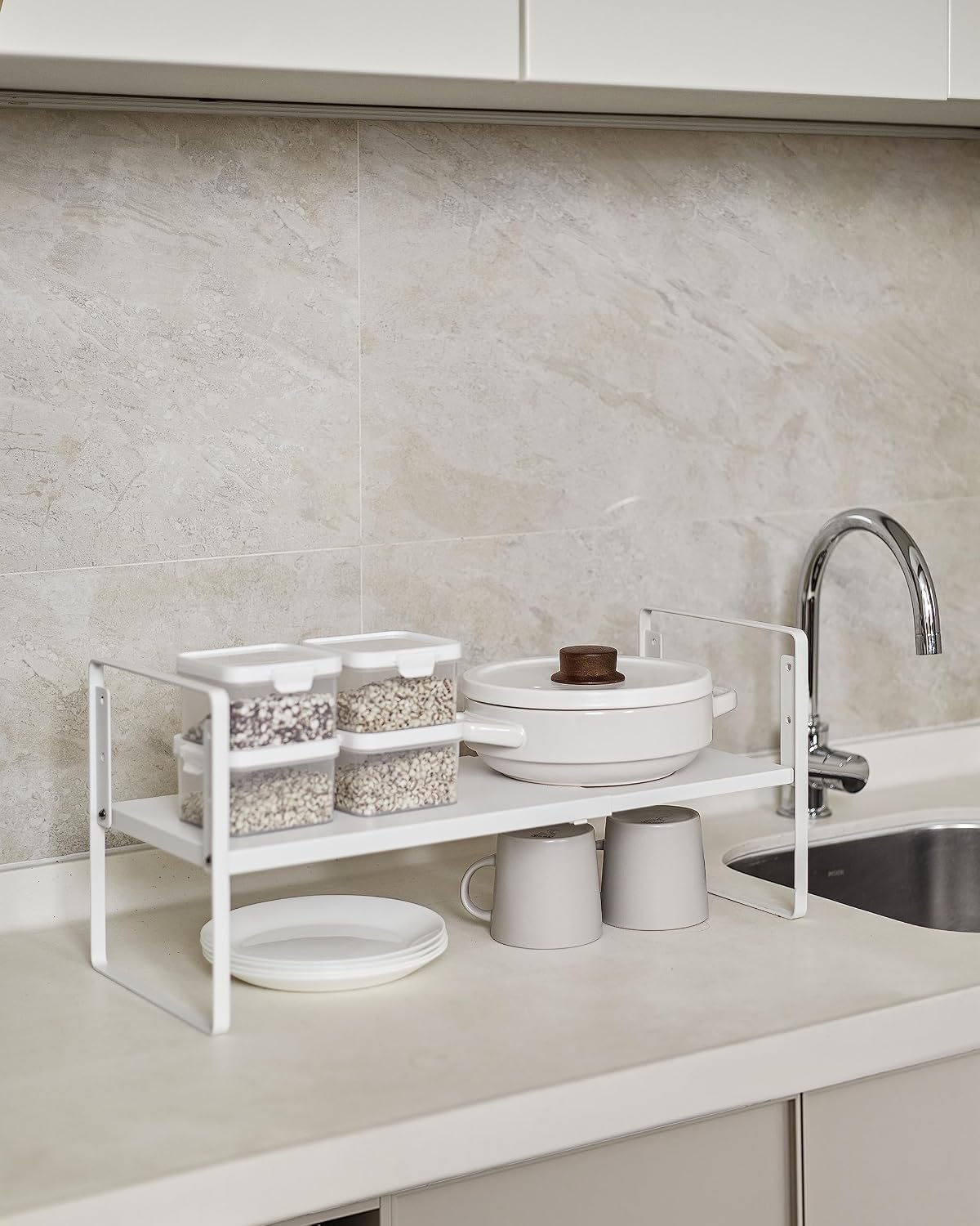 Cabinet Shelf Riser, Adjustable Cabinet Organizer, 10.3" Deep White