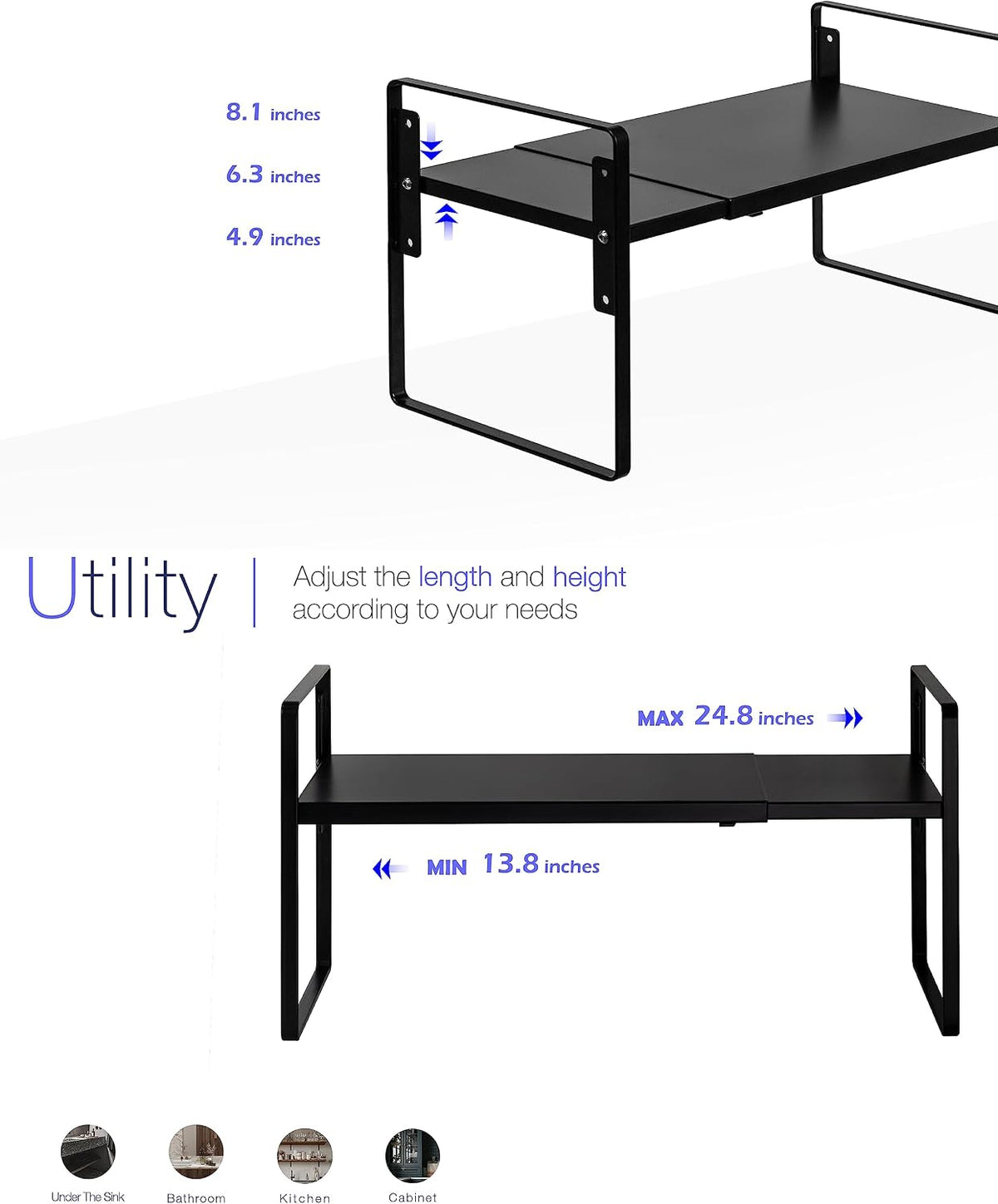 Cabinet Shelf Riser, Adjustable Cabinet Organizer, 10.3" Deep White