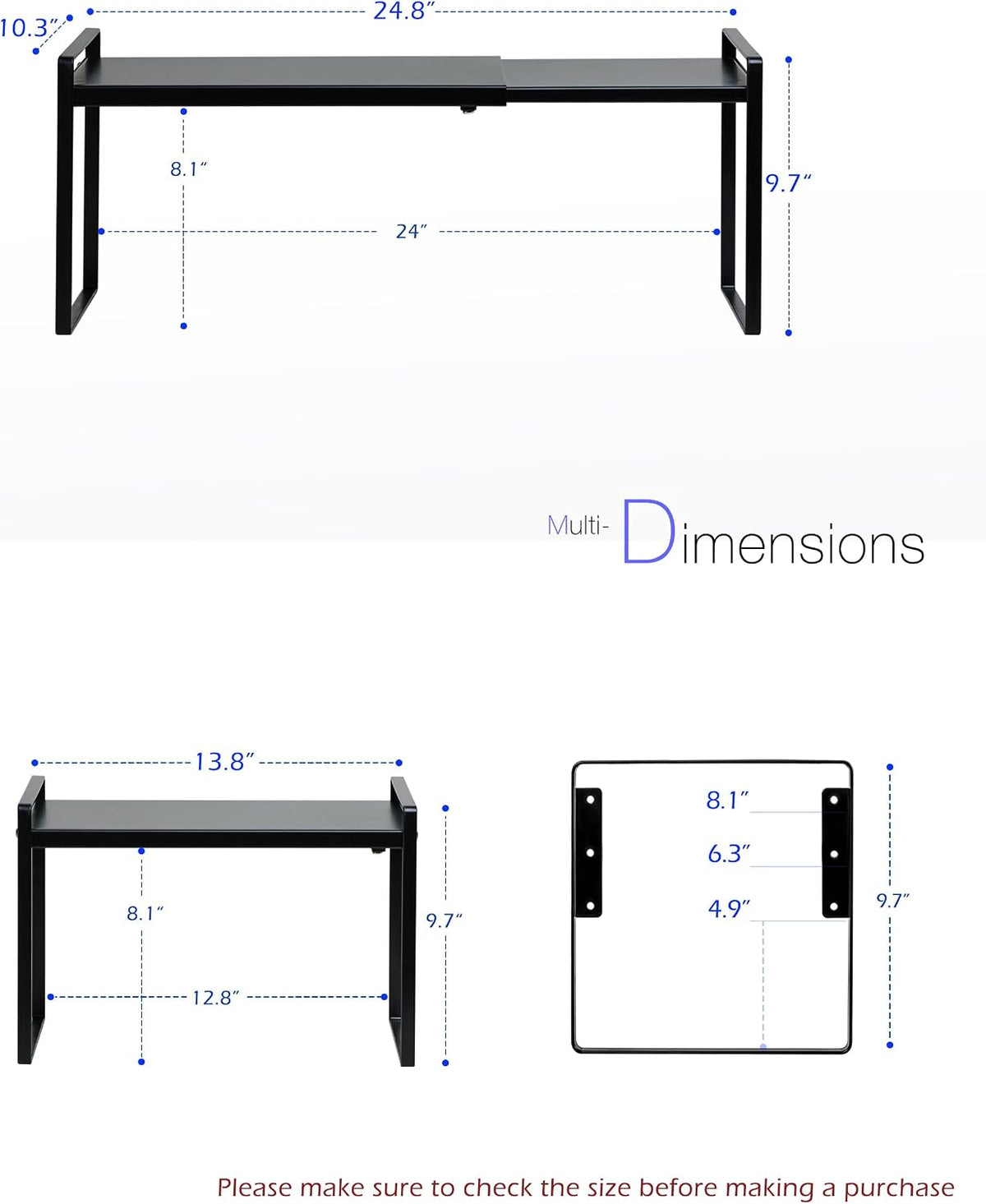 Cabinet Shelf Riser, Adjustable Cabinet Organizer, 10.3" Deep White