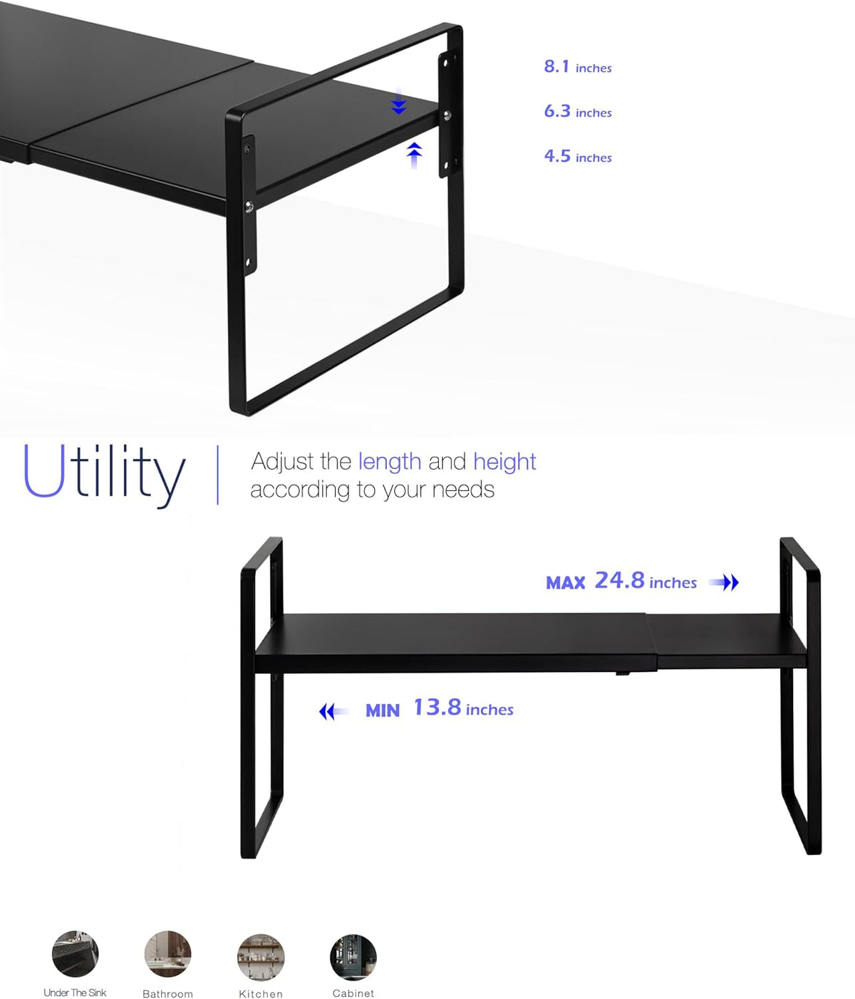 Cabinet Shelf Riser, Adjustable Cabinet Organizer, 10.3" Deep White