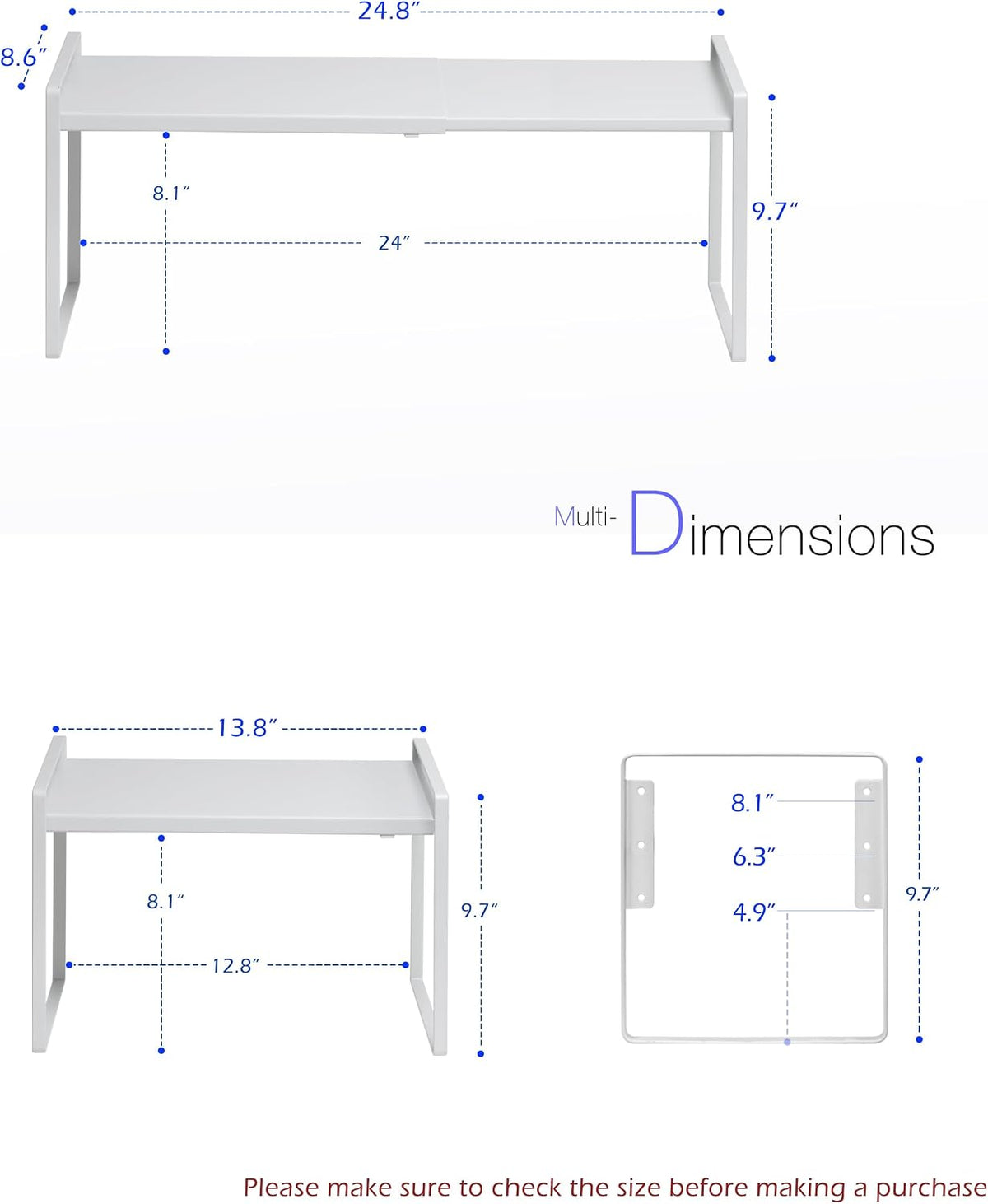 Cabinet Shelf Riser, Adjustable Cabinet Organizer, 10.3" Deep White
