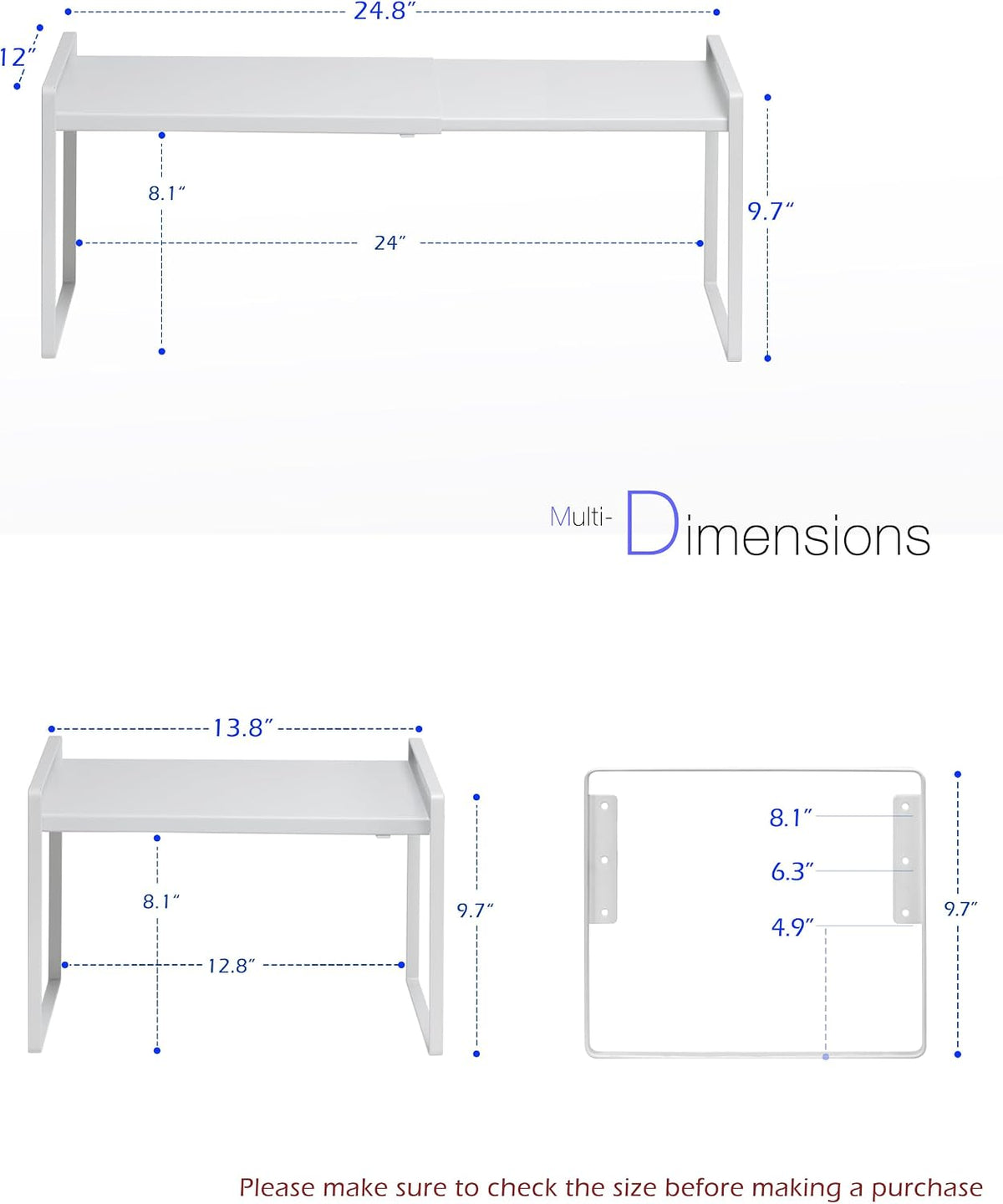 Cabinet Shelf Riser, Adjustable Cabinet Organizer, 10.3" Deep White