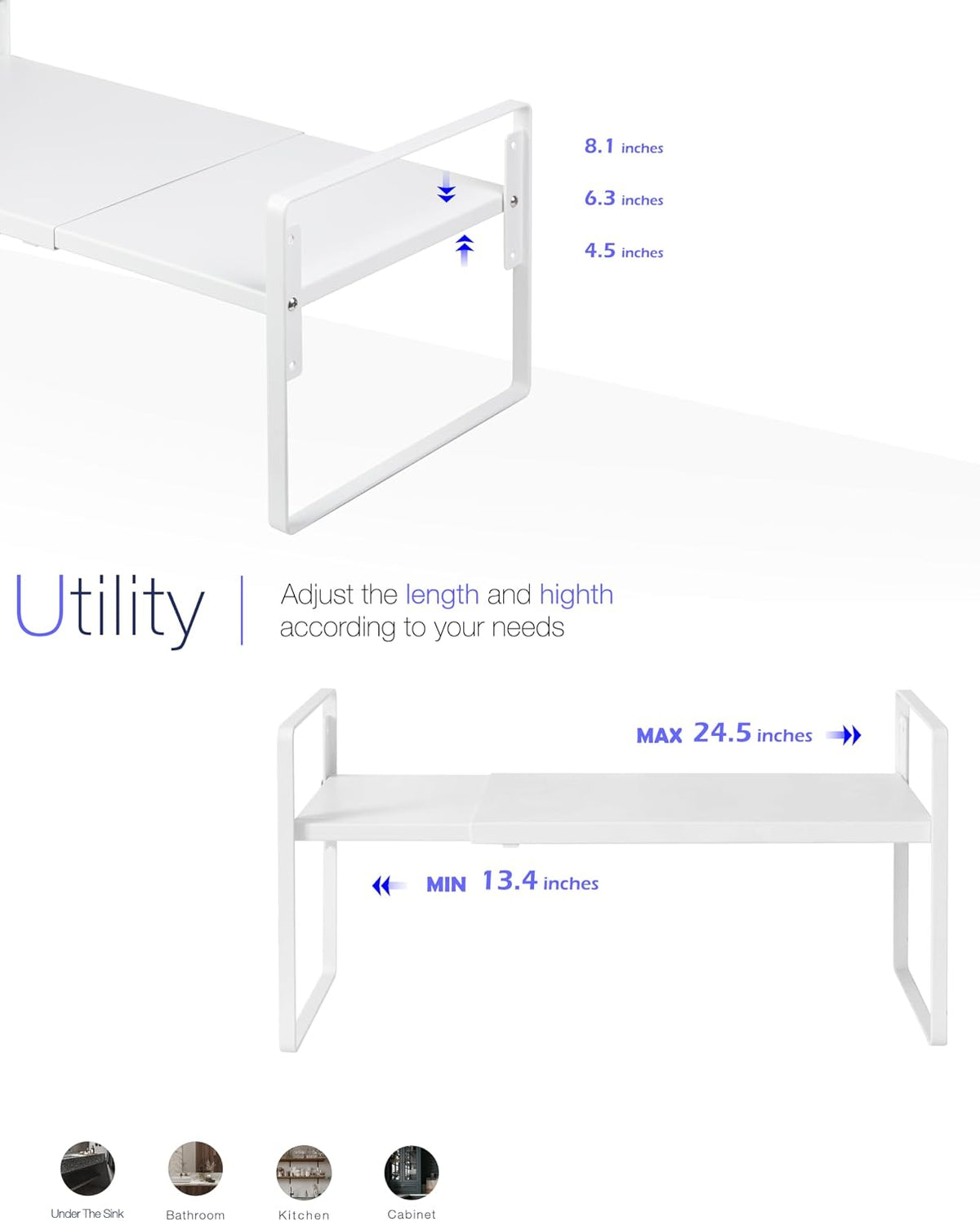 Cabinet Shelf Riser, Adjustable Cabinet Organizer, 10.3" Deep White