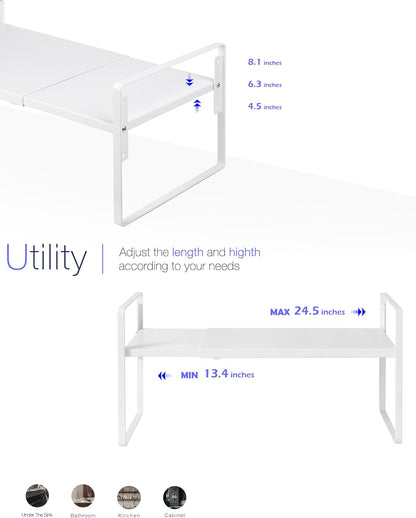 Cabinet Shelf Riser, Adjustable Cabinet Organizer, 10.3" Deep White