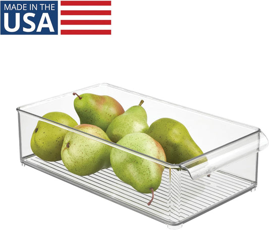 Stackable Fridge Storage Bin, Clear | Front Handle, Made in USA