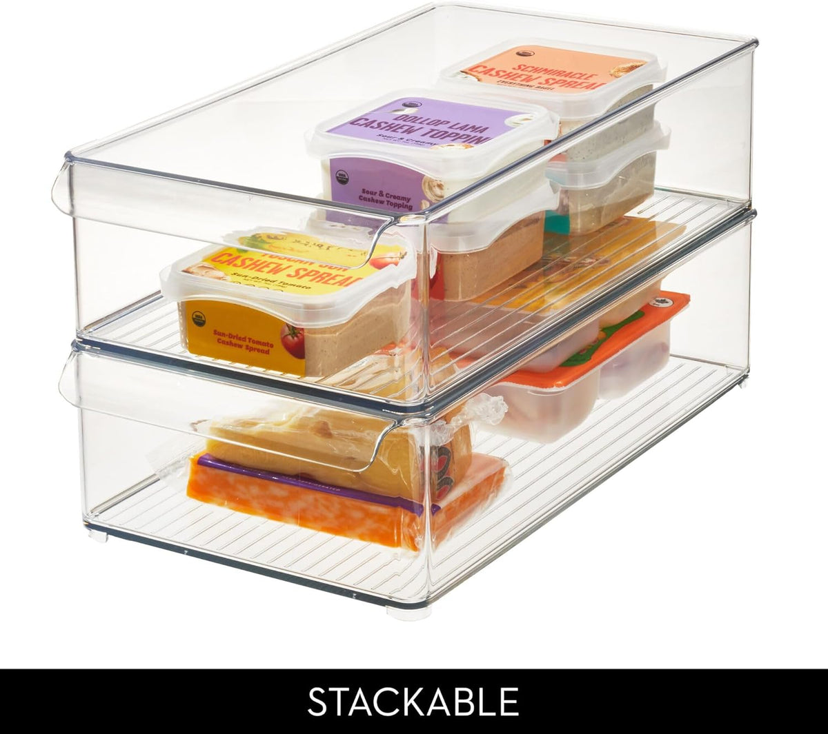 Stackable Fridge Storage Bin, Clear | Front Handle, Made in USA