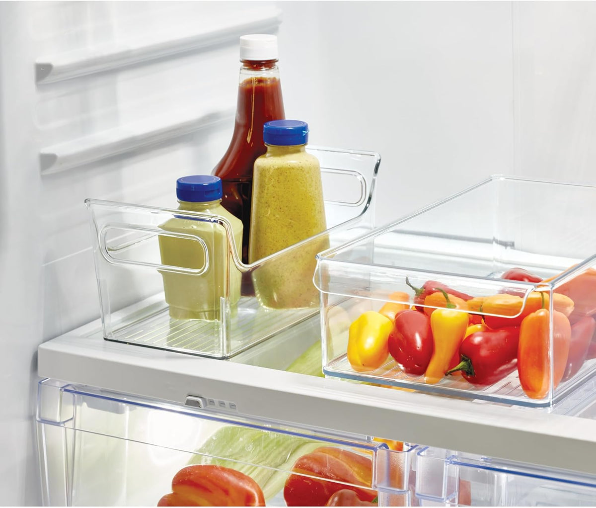 Stackable Fridge Storage Bin, Clear | Front Handle, Made in USA