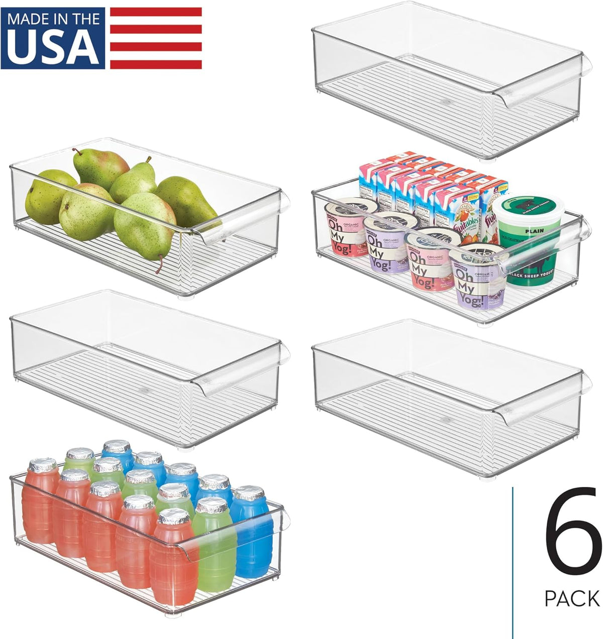 Stackable Fridge Storage Bin, Clear | Front Handle, Made in USA