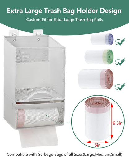 Bag Saver - Extra Large 2 in 1 Plastic Bag Holder Storage, Durable Mesh Grocery Hanging Trash Dispenser Roll Organizer for Home Kitchen/Bathroom/Laundry, Multi-purpose for Daily (Light Grey)