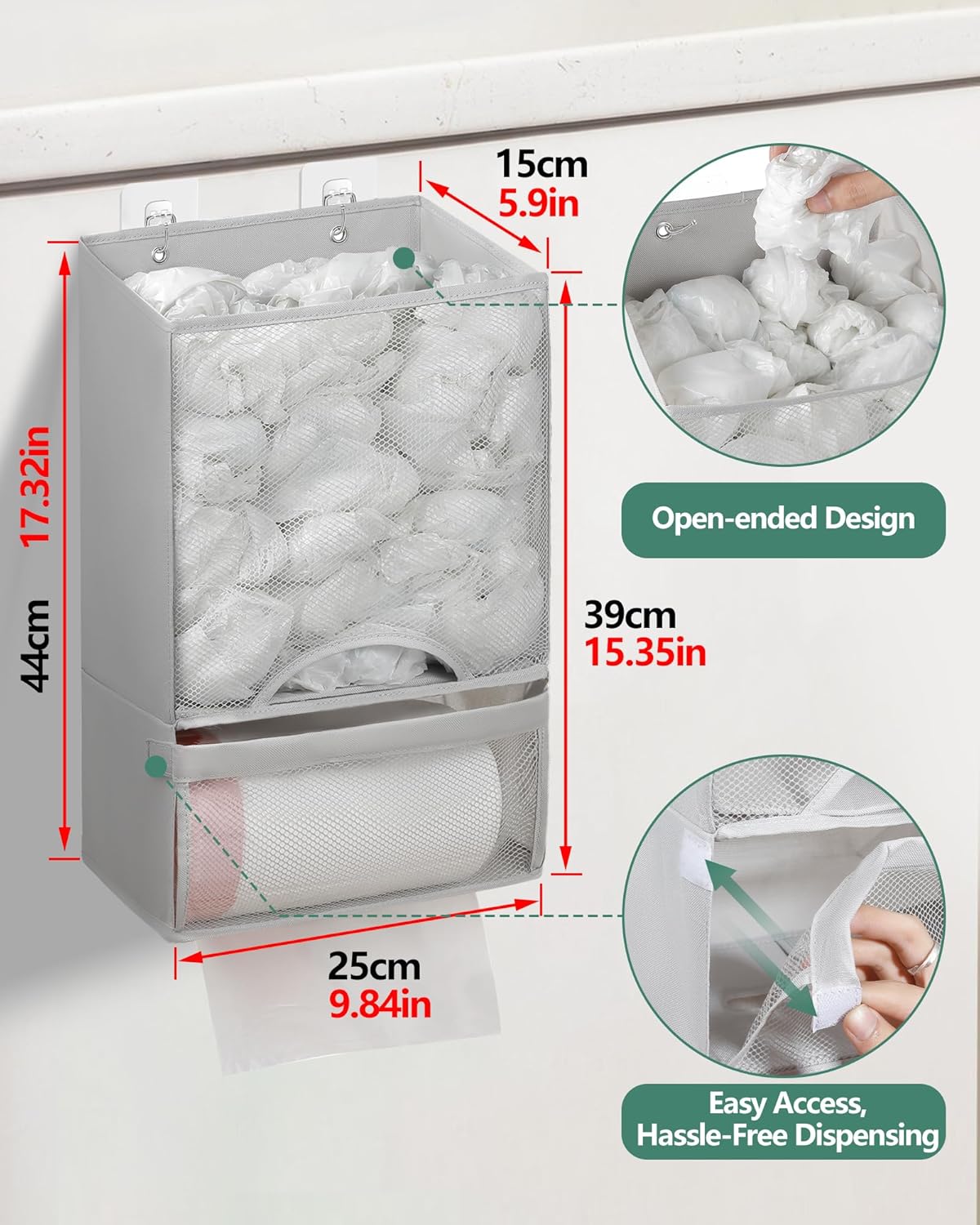 Bag Saver - Extra Large 2 in 1 Plastic Bag Holder Storage, Durable Mesh Grocery Hanging Trash Dispenser Roll Organizer for Home Kitchen/Bathroom/Laundry, Multi-purpose for Daily (Light Grey)