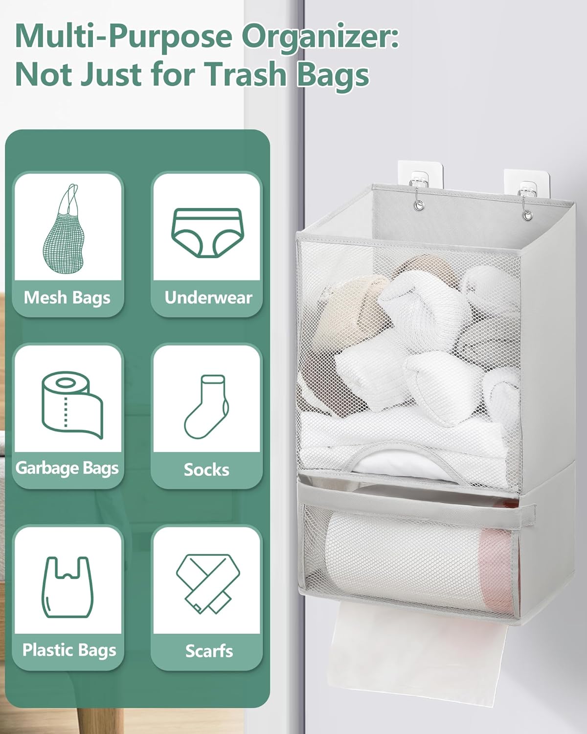 Bag Saver - Extra Large 2 in 1 Plastic Bag Holder Storage, Durable Mesh Grocery Hanging Trash Dispenser Roll Organizer for Home Kitchen/Bathroom/Laundry, Multi-purpose for Daily (Light Grey)