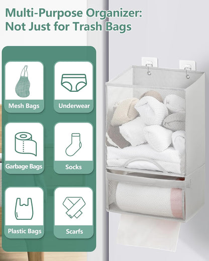 Bag Saver - Extra Large 2 in 1 Plastic Bag Holder Storage, Durable Mesh Grocery Hanging Trash Dispenser Roll Organizer for Home Kitchen/Bathroom/Laundry, Multi-purpose for Daily (Light Grey)