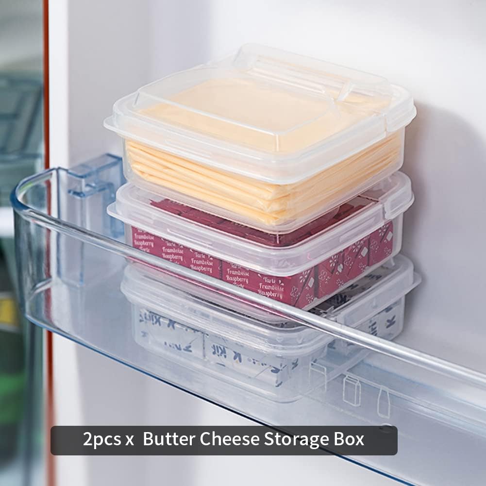 2Pack Sliced Cheese Container for Fridge, Flip Lid Clear Butter Block Cheese Slice Storage Box, Keeps Cheeses Fresh Longer and Delicious, Refrigerator Organizer for Food Grated Cheese-Singles