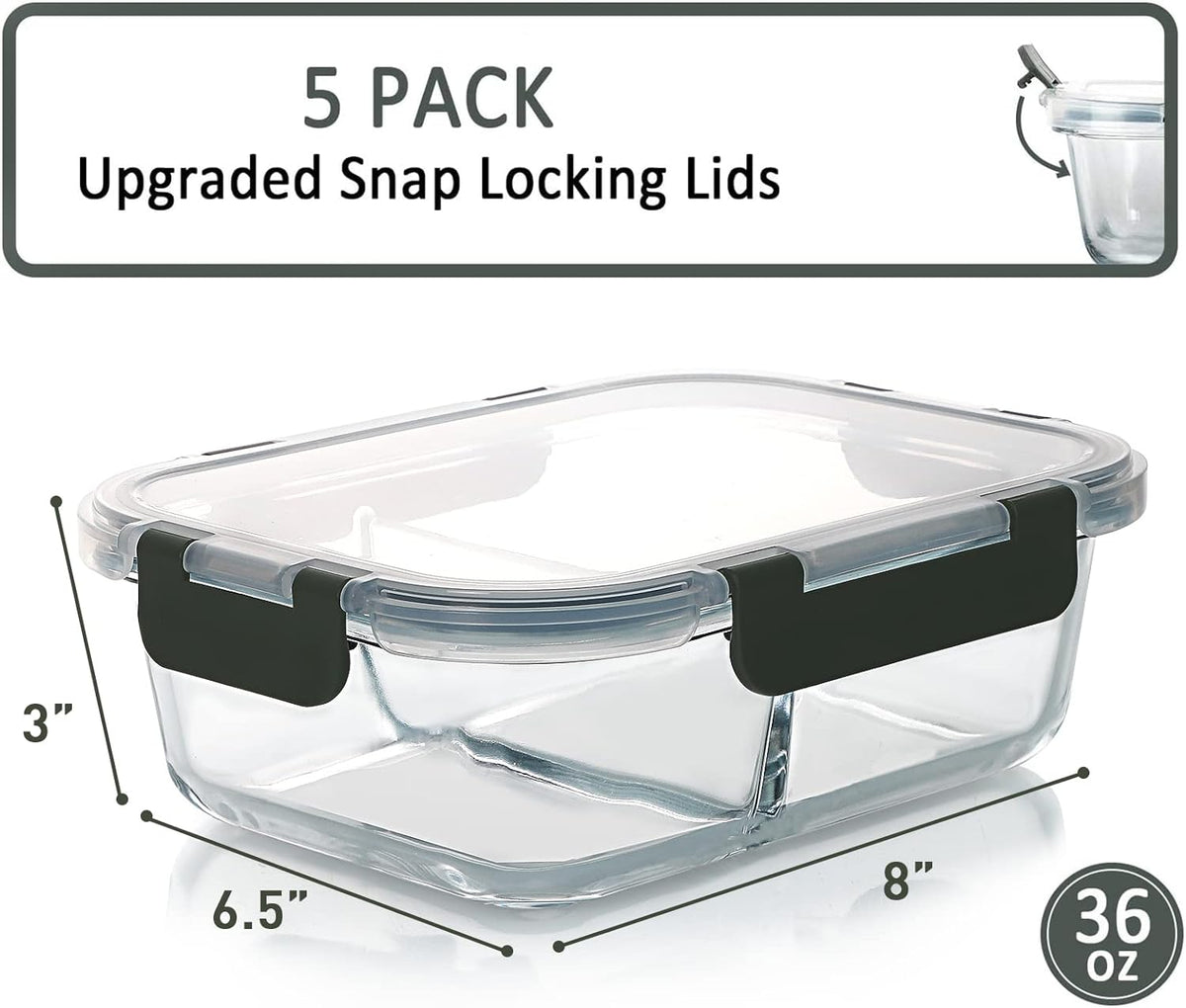 5 Pack,36 oz, 2 Compartments Glass Meal Prep Containers with Lids
