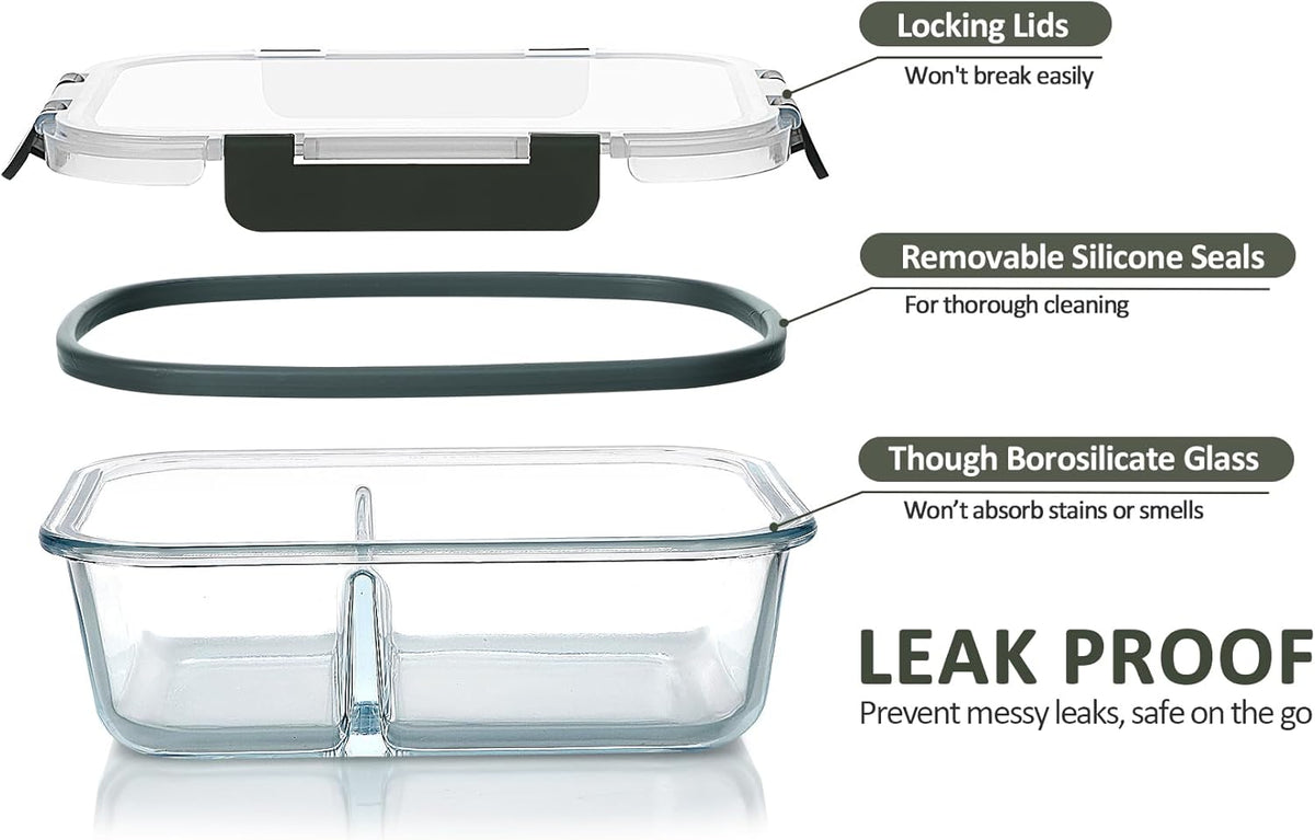 5 Pack,36 oz, 2 Compartments Glass Meal Prep Containers with Lids