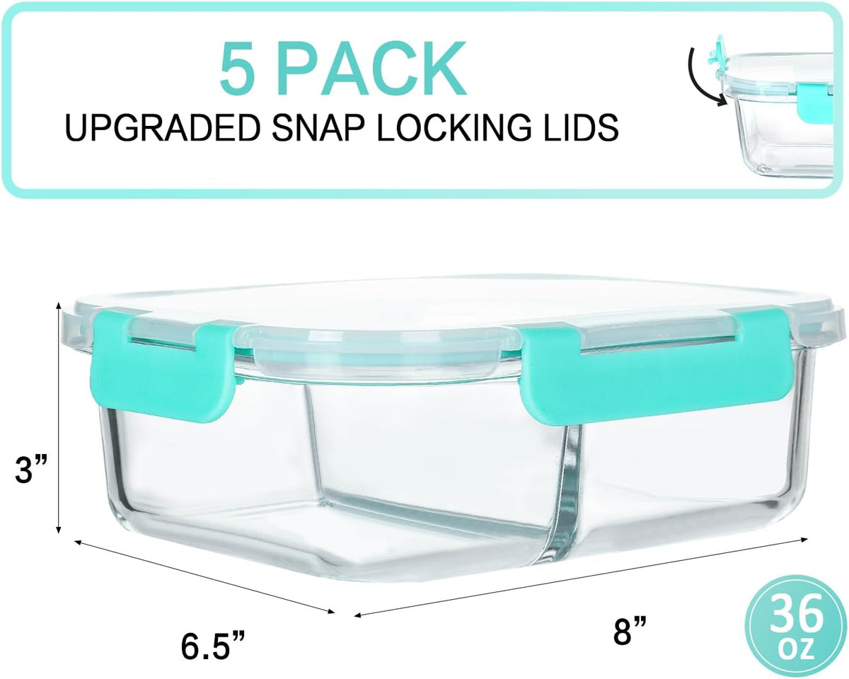 5 Pack,36 oz, 2 Compartments Glass Meal Prep Containers with Lids