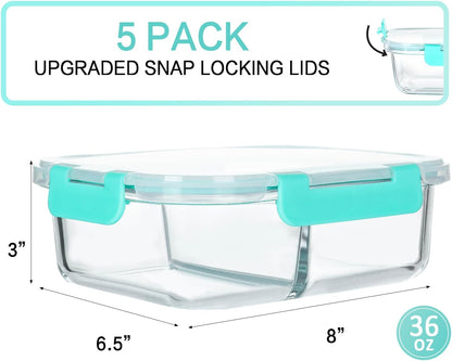 5 Pack,36 oz, 2 Compartments Glass Meal Prep Containers with Lids