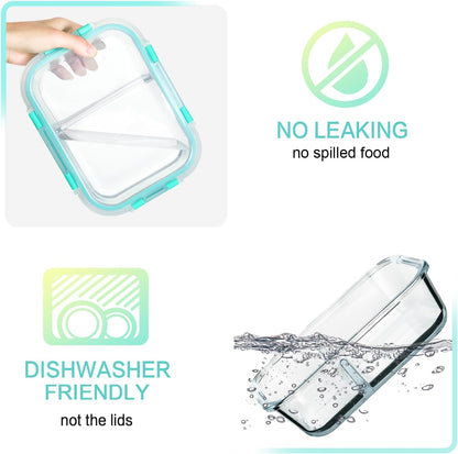 5 Pack,36 oz, 2 Compartments Glass Meal Prep Containers with Lids
