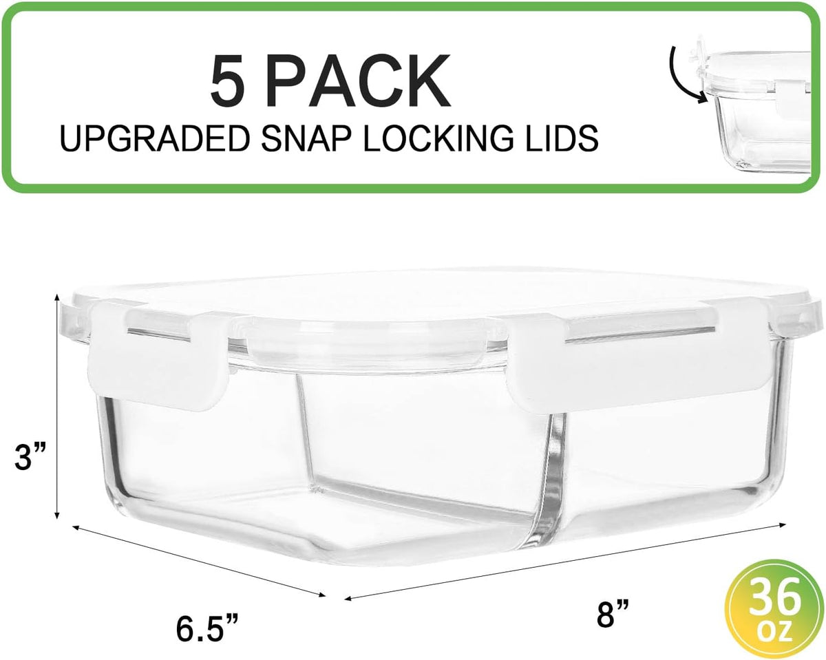 5 Pack,36 oz, 2 Compartments Glass Meal Prep Containers with Lids